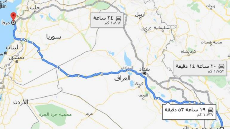 نه‌خشه‌ی هێڵه‌كانی گه‌یشتنی تاران به‌ به‌نده‌ره‌كانی ده‌ریای سپیی ناوه‌ڕاست له‌ رێگه‌ی عێراق و سووریاوه‌